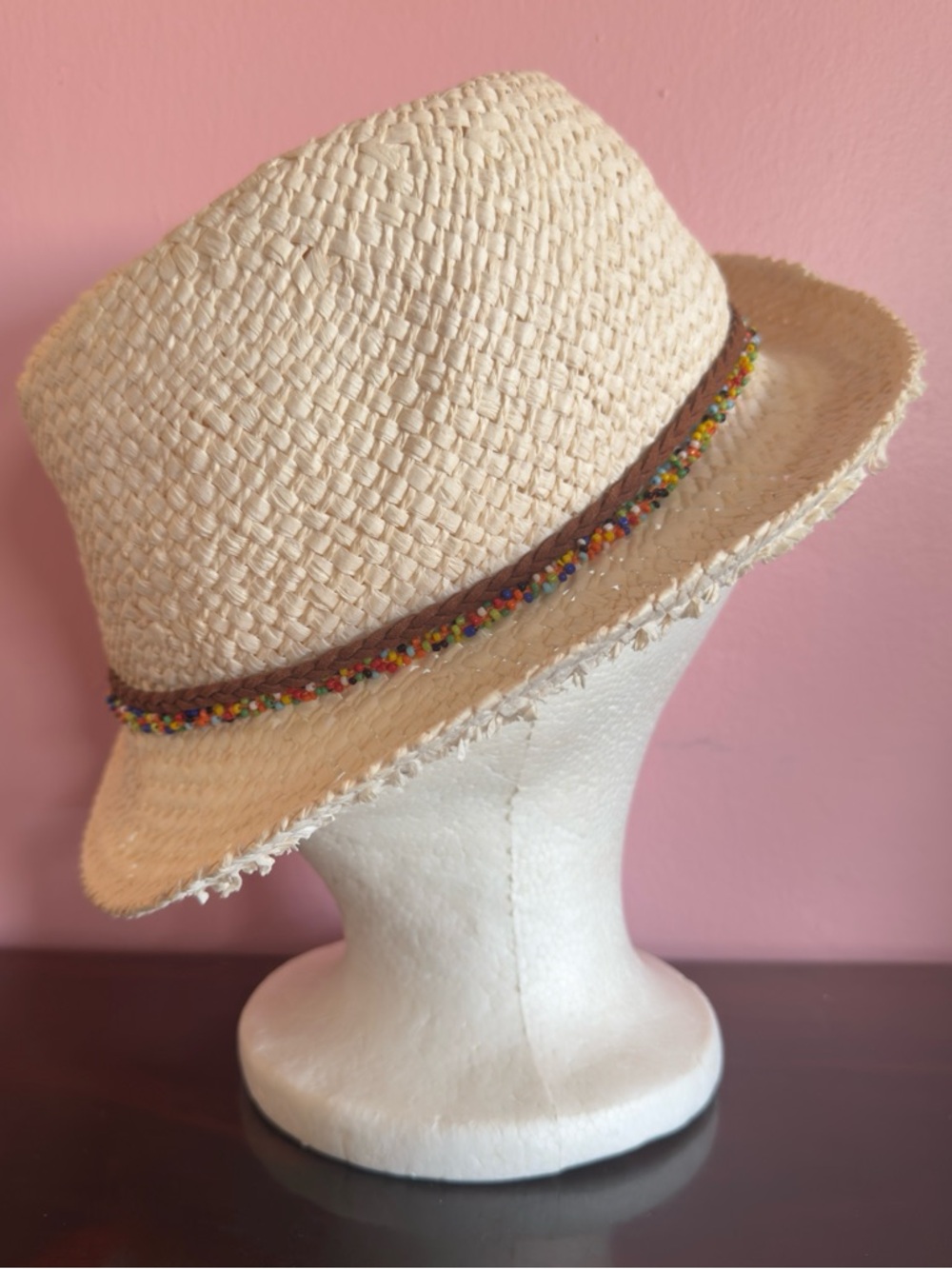 Steve Madden Cream Straw Fedora Hat Beaded Band Boho Resort Beach